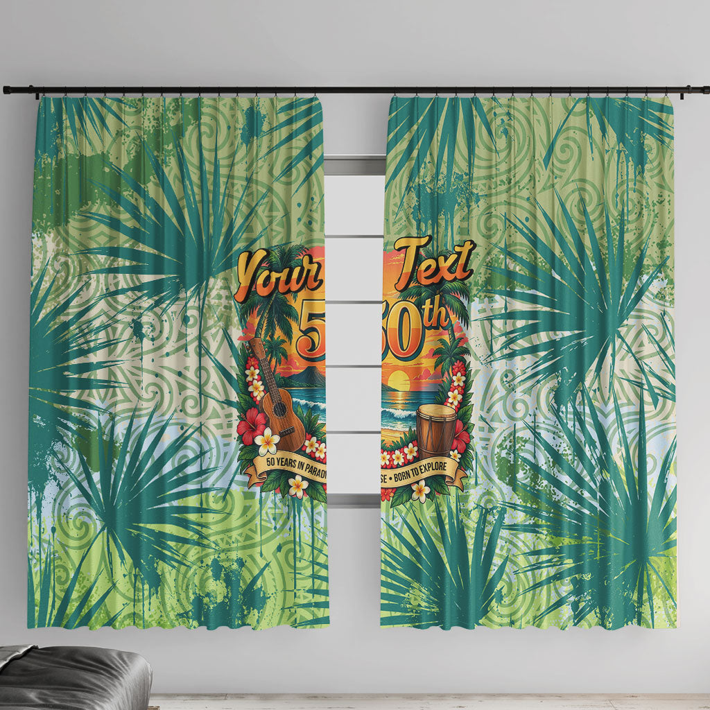 Personalized Polynesia 50th Birthday Window Curtain Vintage Hawaiian Floral Ukulele Tropical Sunset Art TS04 With Hooks Green - Polynesian Pride