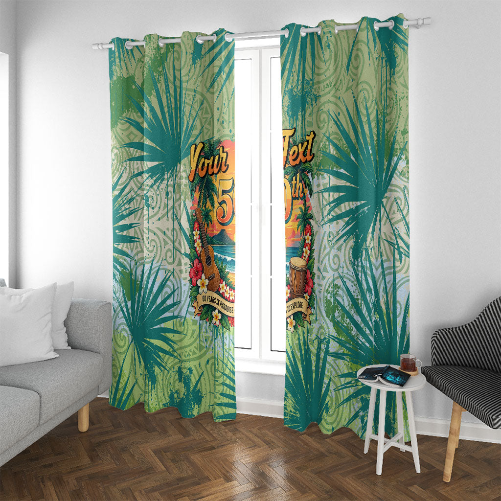Personalized Polynesia 50th Birthday Window Curtain Vintage Hawaiian Floral Ukulele Tropical Sunset Art TS04 With Grommets Green - Polynesian Pride