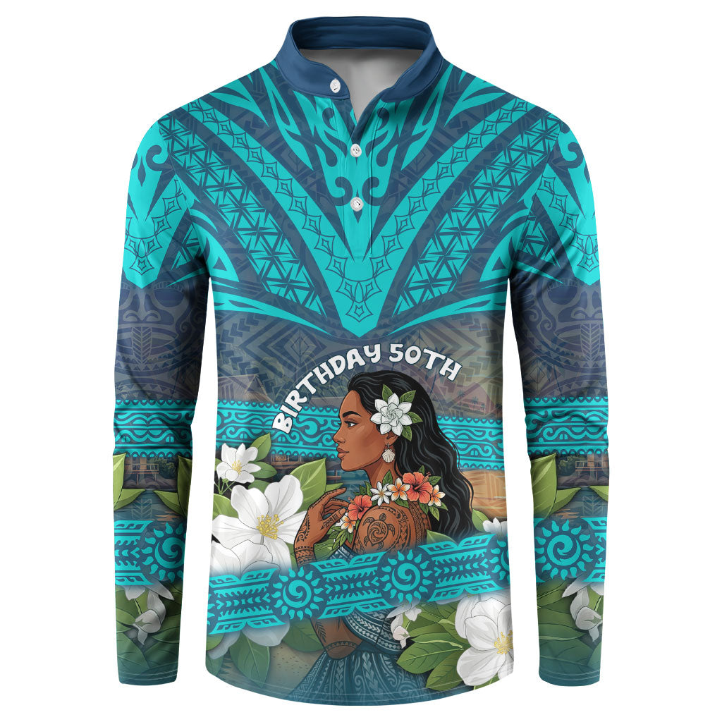 Personalized Polynesian Woman 50th Birthday Button Sweatshirt Traditional Pacific Tribal Tattoo Floral Art TS04 Blue - Polynesian Pride