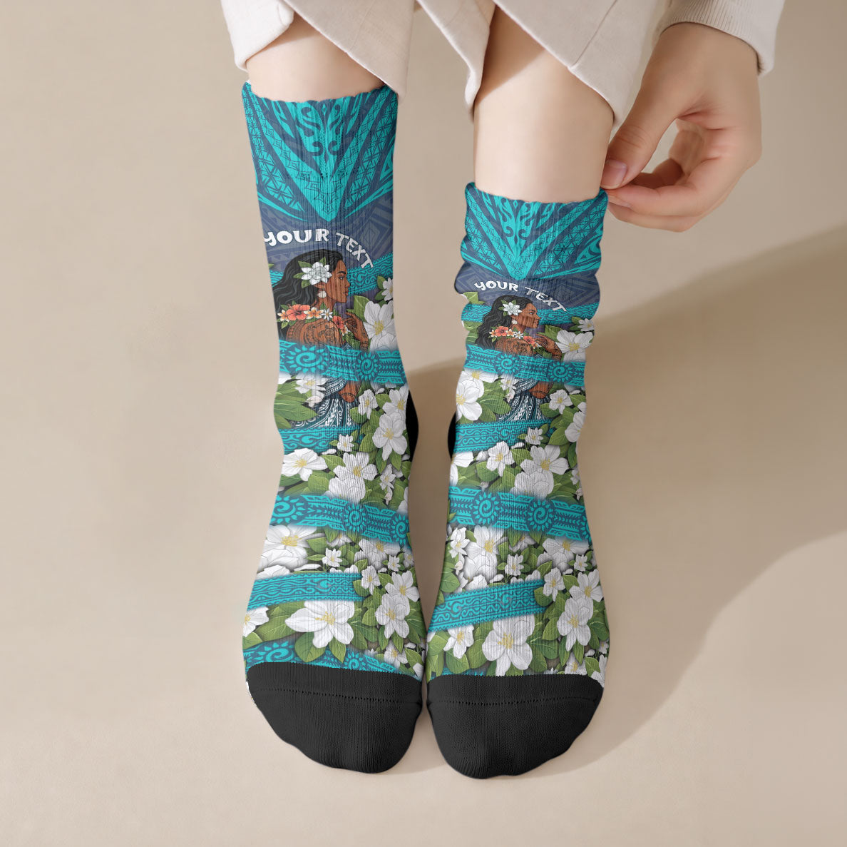 Personalized Polynesian Woman 50th Birthday Crew Socks Traditional Pacific Tribal Tattoo Floral Art TS04 Crew Socks Blue - Polynesian Pride