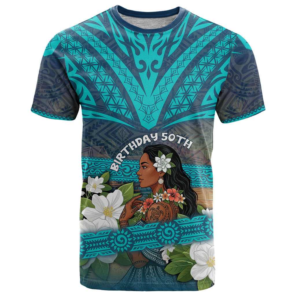 Personalized Polynesian Woman 50th Birthday T Shirt Traditional Pacific Tribal Tattoo Floral Art TS04 Blue - Polynesian Pride