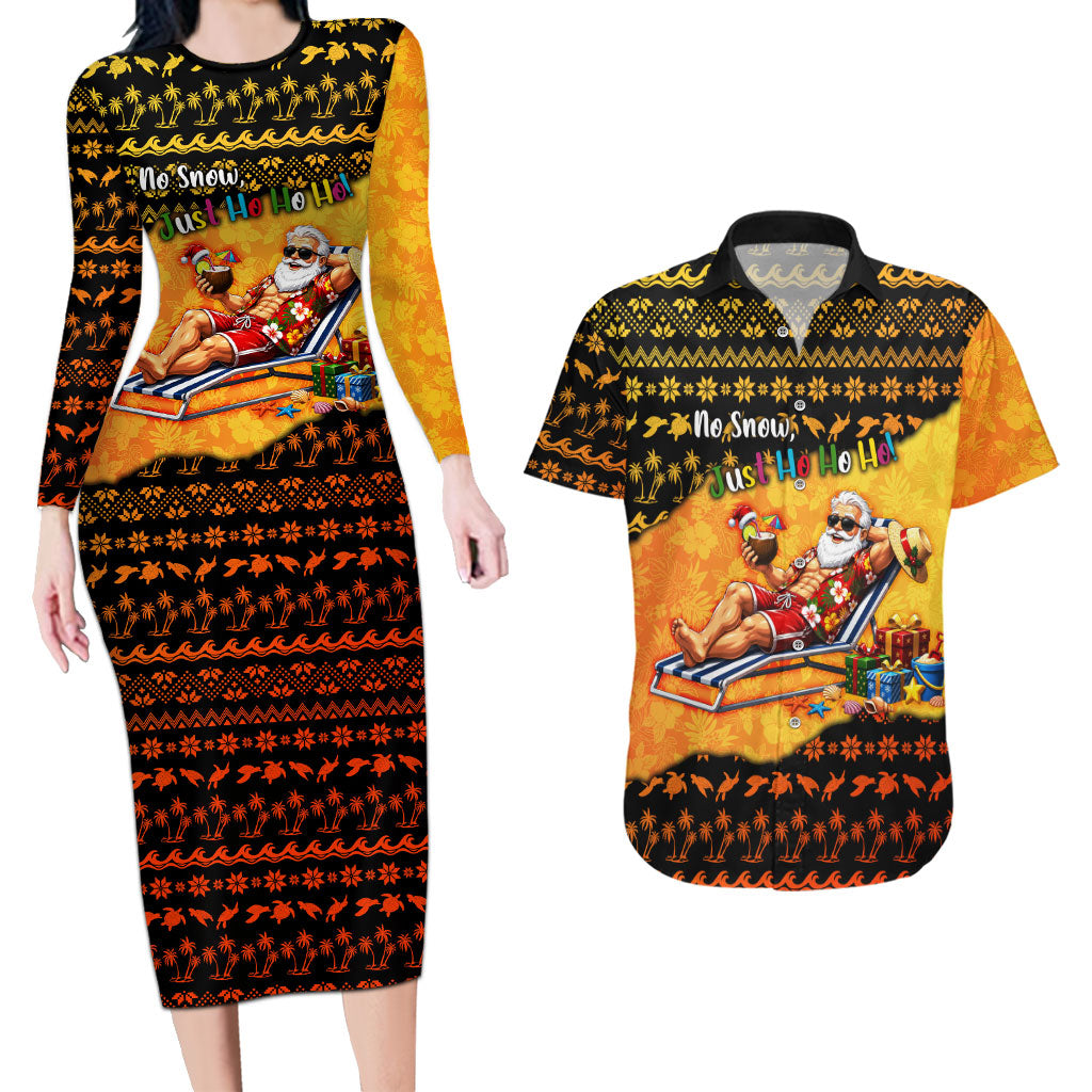 Tropical Christmas In July Santa Claus Couples Matching Long Sleeve Bodycon Dress and Hawaiian Shirt Festive Hawaiian With Beach Reindeer Sleigh TS04 Orange Black - Polynesian Pride