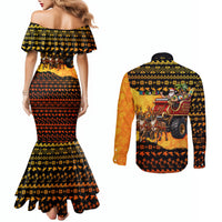 Tropical Christmas In July Santa Claus Couples Matching Mermaid Dress and Long Sleeve Button Shirt Festive Hawaiian With Beach Reindeer Sleigh TS04 - Polynesian Pride