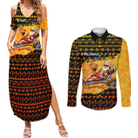 Tropical Christmas In July Santa Claus Couples Matching Summer Maxi Dress and Long Sleeve Button Shirt Festive Hawaiian With Beach Reindeer Sleigh TS04 Orange Black - Polynesian Pride