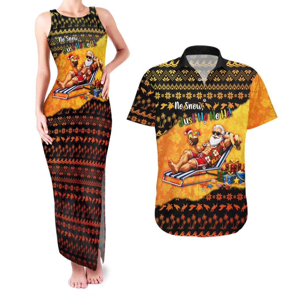 Tropical Christmas In July Santa Claus Couples Matching Tank Maxi Dress and Hawaiian Shirt Festive Hawaiian With Beach Reindeer Sleigh TS04 Orange Black - Polynesian Pride