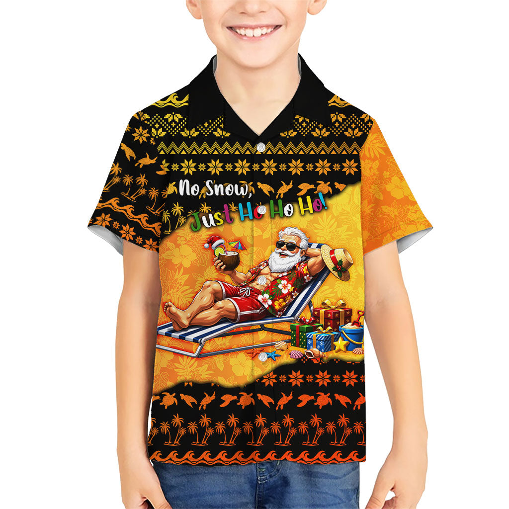 Tropical Christmas In July Santa Claus Family Matching Mermaid Dress and Hawaiian Shirt Festive Hawaiian With Beach Reindeer Sleigh TS04 Son's Shirt Orange Black - Polynesian Pride