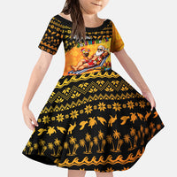 Tropical Christmas In July Santa Claus Family Matching Off Shoulder Short Dress and Hawaiian Shirt Festive Hawaiian With Beach Reindeer Sleigh TS04 Daughter's Dress Orange Black - Polynesian Pride