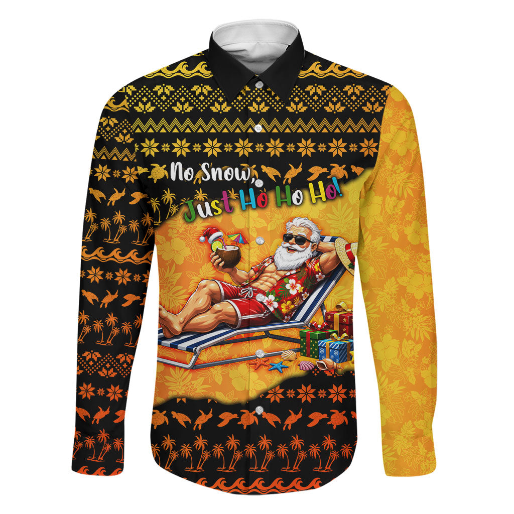 Tropical Christmas In July Santa Claus Family Matching Summer Maxi Dress and Hawaiian Shirt Festive Hawaiian With Beach Reindeer Sleigh TS04 Dad's Shirt - Long Sleeve Orange Black - Polynesian Pride