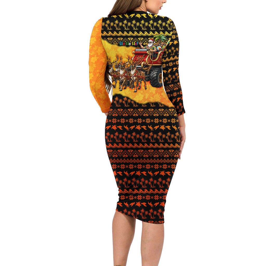 Tropical Christmas In July Santa Claus Long Sleeve Bodycon Dress Festive Hawaiian With Beach Reindeer Sleigh TS04 - Polynesian Pride