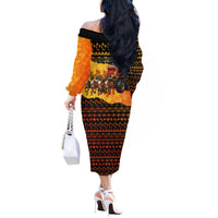 Tropical Christmas In July Santa Claus Off The Shoulder Long Sleeve Dress Festive Hawaiian With Beach Reindeer Sleigh TS04 - Polynesian Pride