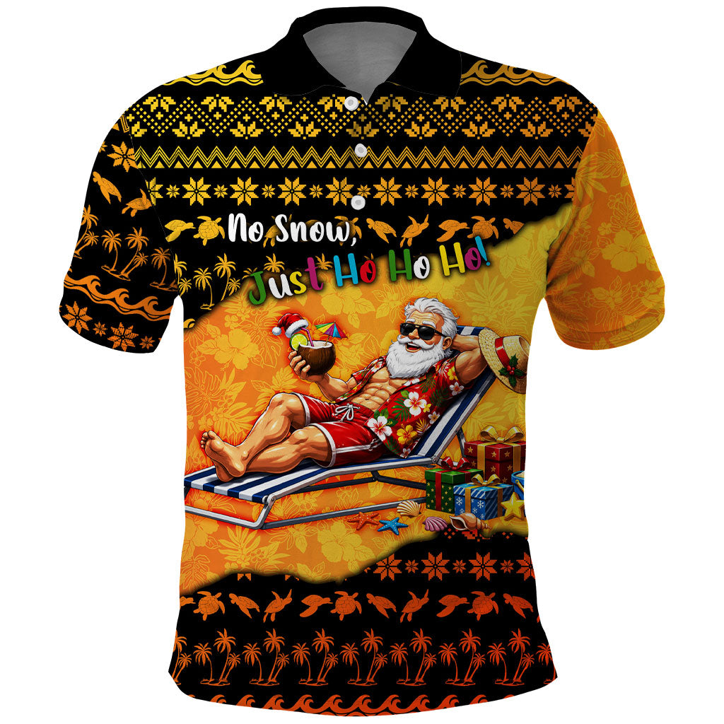 Tropical Christmas In July Santa Claus Polo Shirt Festive Hawaiian With Beach Reindeer Sleigh TS04 Orange Black - Polynesian Pride