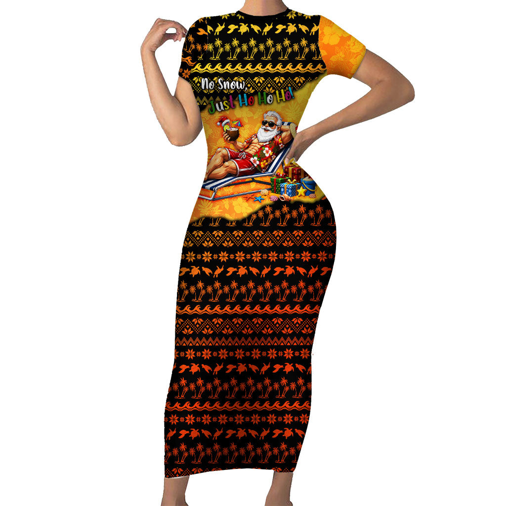 Tropical Christmas In July Santa Claus Short Sleeve Bodycon Dress Festive Hawaiian With Beach Reindeer Sleigh TS04 Long Dress Orange Black - Polynesian Pride