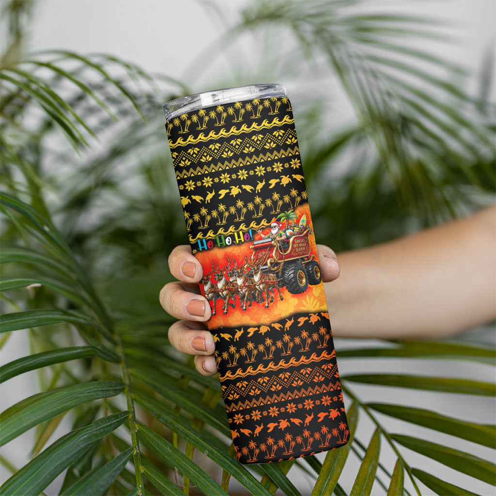 Tropical Christmas In July Santa Claus Skinny Tumbler Festive Hawaiian With Beach Reindeer Sleigh TS04 - Polynesian Pride
