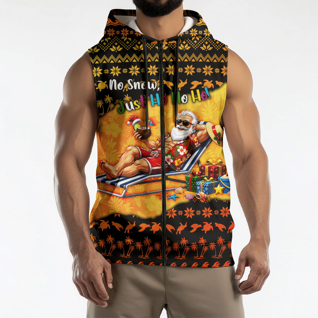 Tropical Christmas In July Santa Claus Sleeveless Zip Hoodie Festive Hawaiian With Beach Reindeer Sleigh
