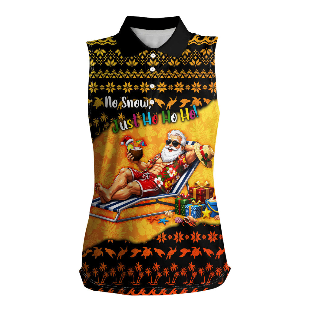 Tropical Christmas In July Santa Claus Women Sleeveless Polo Shirt Festive Hawaiian With Beach Reindeer Sleigh TS04 Female Orange Black - Polynesian Pride