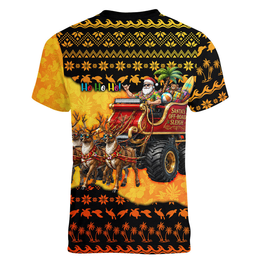 Tropical Christmas In July Santa Claus Women V-Neck T-Shirt Festive Hawaiian With Beach Reindeer Sleigh TS04 - Polynesian Pride