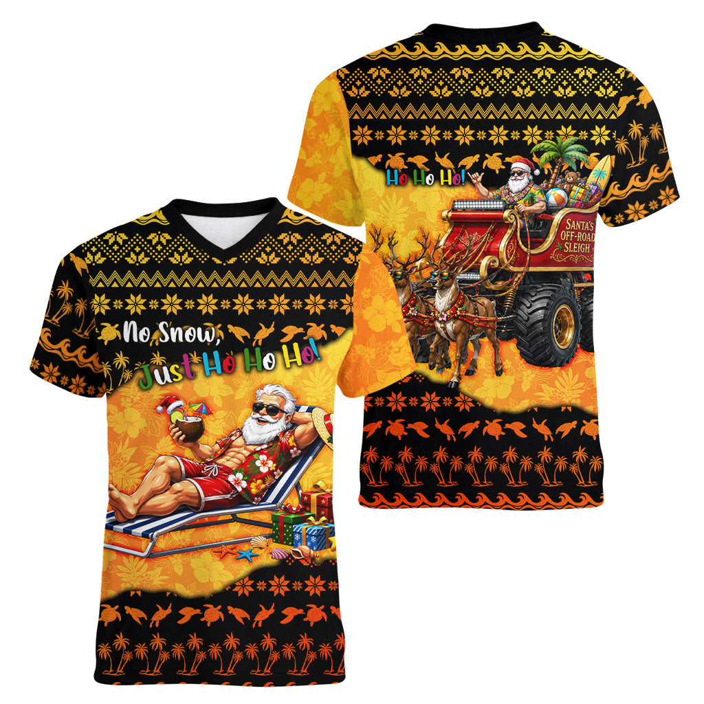 Tropical Christmas In July Santa Claus Women V-Neck T-Shirt Festive Hawaiian With Beach Reindeer Sleigh TS04 - Polynesian Pride