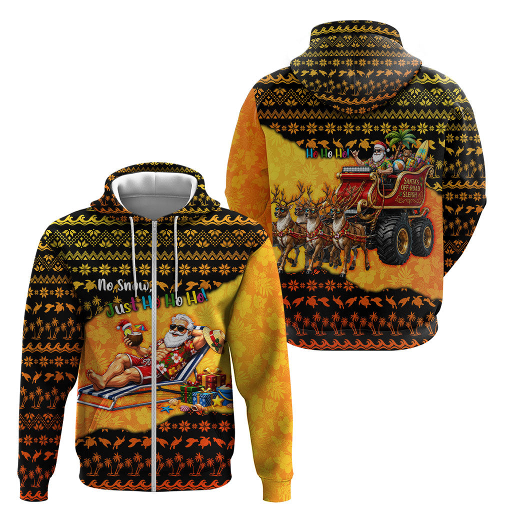Tropical Christmas In July Santa Claus Zip Hoodie Festive Hawaiian With Beach Reindeer Sleigh