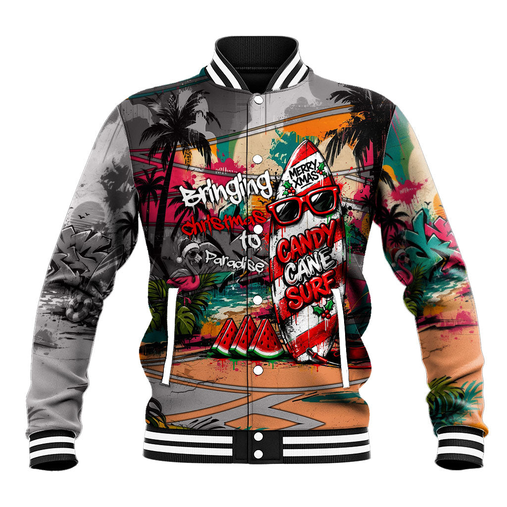 Tropical Christmas In July Candy Cane Surf Baseball Jacket Vibrant Street Art Beach Graffiti Graphic