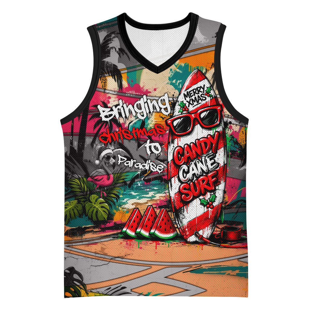 Tropical Christmas In July Candy Cane Surf Basketball Jersey Vibrant Street Art Beach Graffiti Graphic