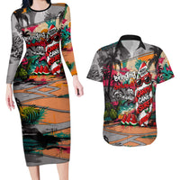 Tropical Christmas In July Candy Cane Surf Couples Matching Long Sleeve Bodycon Dress and Hawaiian Shirt Vibrant Street Art Beach Graffiti Graphic TS04 Orange Grey - Polynesian Pride