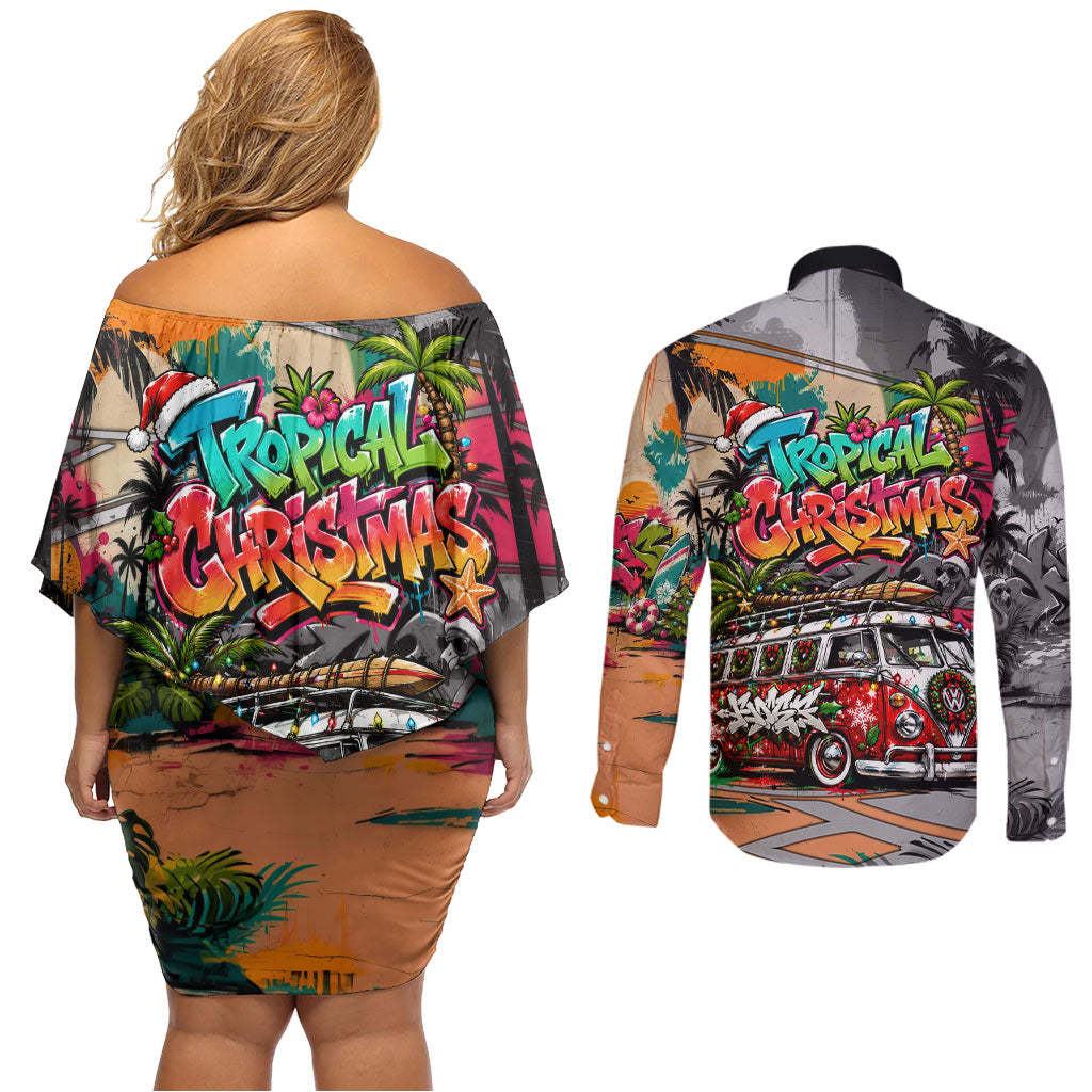 Tropical Christmas In July Candy Cane Surf Couples Matching Off Shoulder Short Dress and Long Sleeve Button Shirt Vibrant Street Art Beach Graffiti Graphic