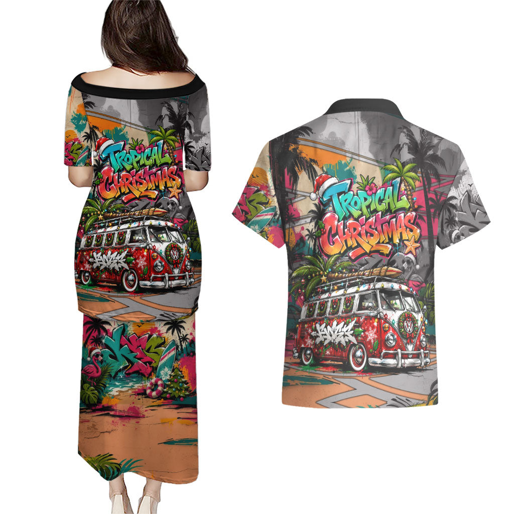 Tropical Christmas In July Candy Cane Surf Couples Matching Puletasi and Hawaiian Shirt Vibrant Street Art Beach Graffiti Graphic
