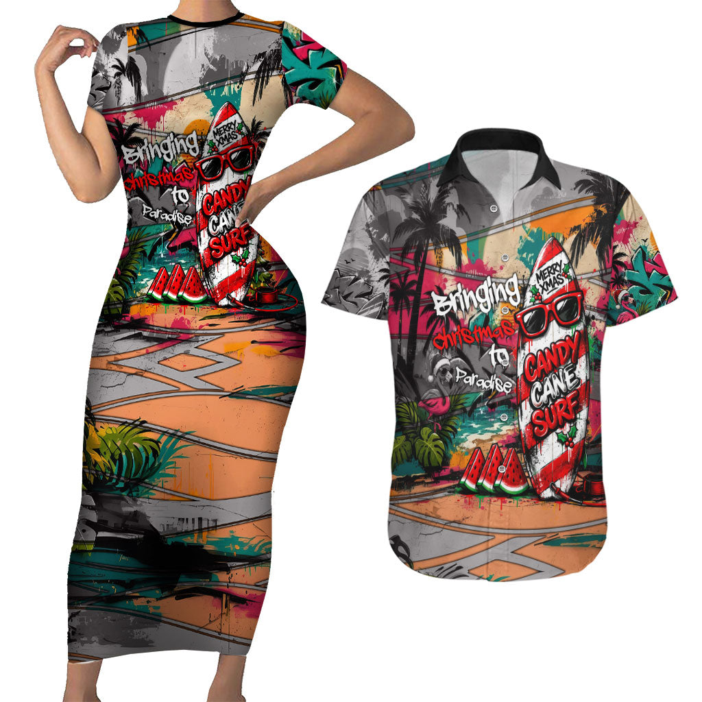 Tropical Christmas In July Candy Cane Surf Couples Matching Short Sleeve Bodycon Dress and Hawaiian Shirt Vibrant Street Art Beach Graffiti Graphic TS04 Orange Grey - Polynesian Pride