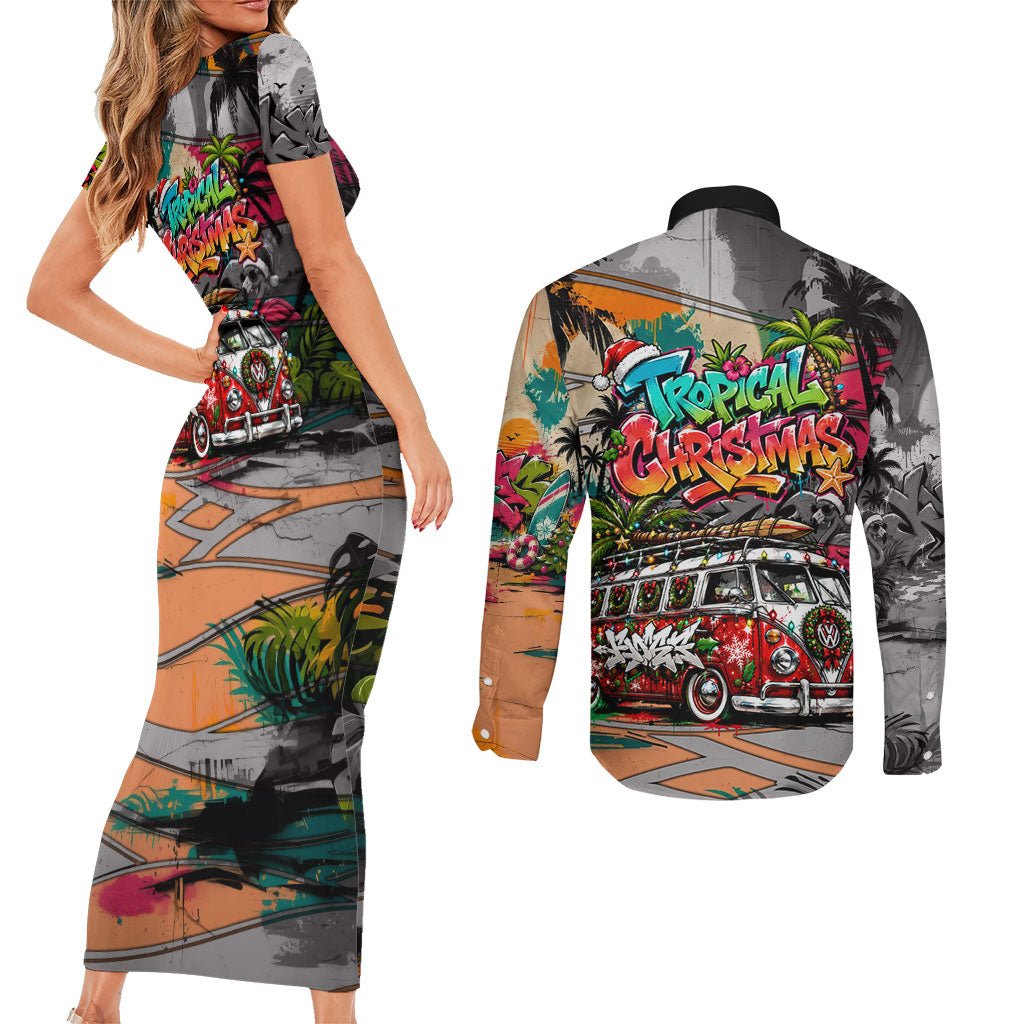 Tropical Christmas In July Candy Cane Surf Couples Matching Short Sleeve Bodycon Dress and Long Sleeve Button Shirt Vibrant Street Art Beach Graffiti Graphic TS04 - Polynesian Pride