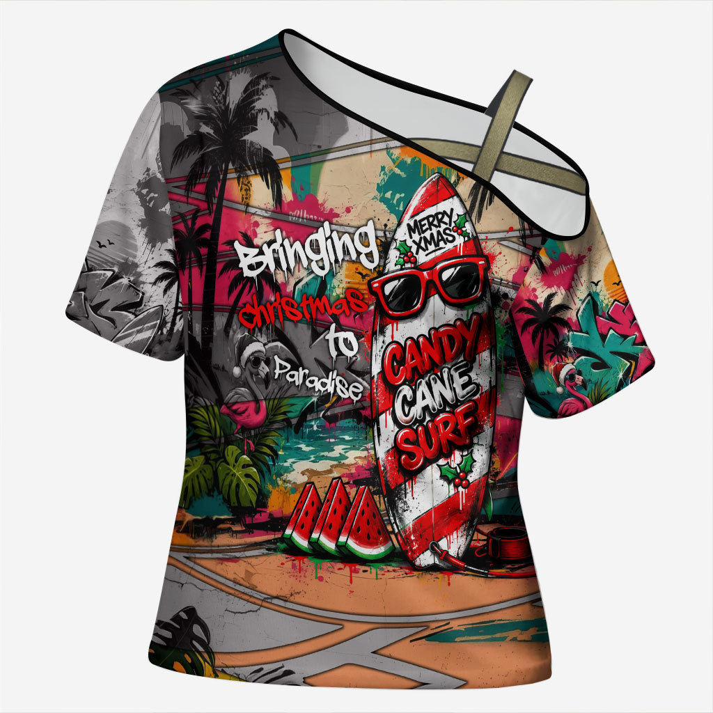 Tropical Christmas In July Candy Cane Surf Cross Shoulder Shirt Vibrant Street Art Beach Graffiti Graphic