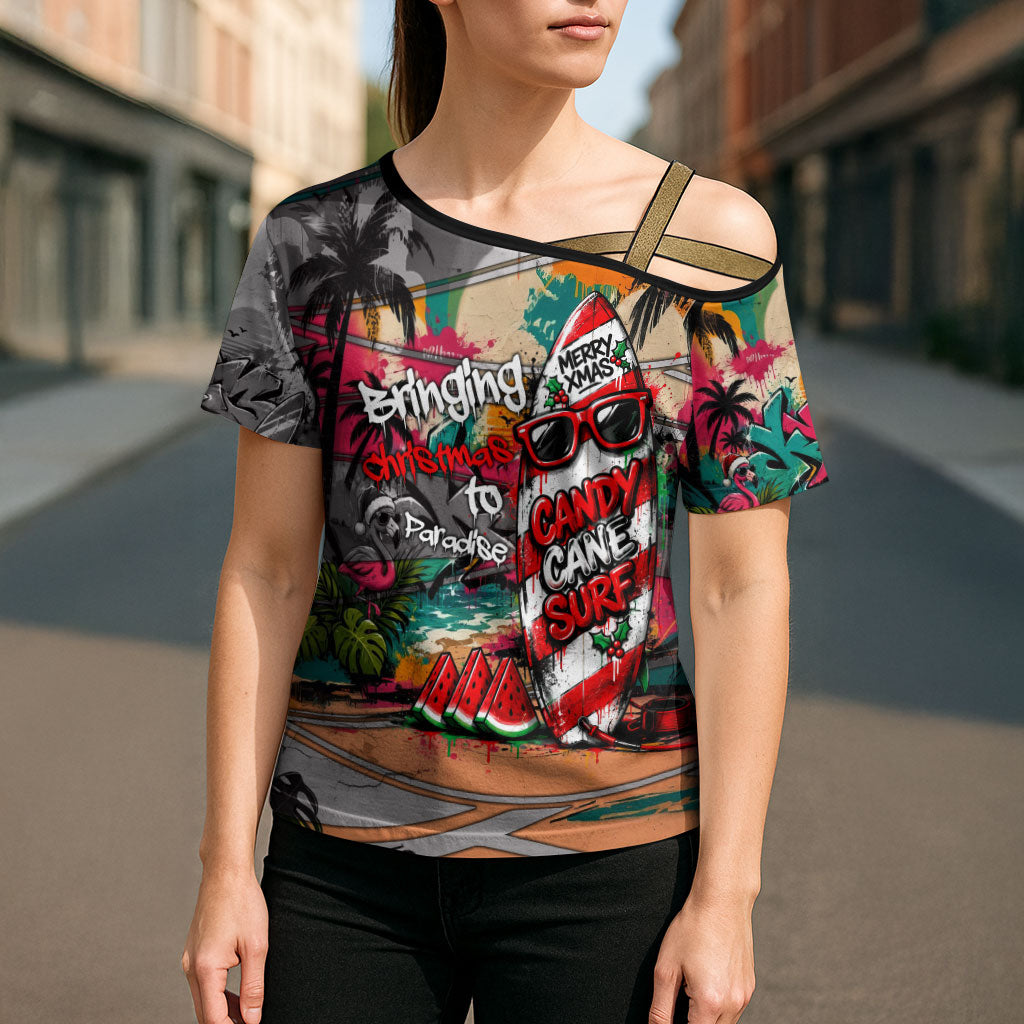 Tropical Christmas In July Candy Cane Surf Cross Shoulder Shirt Vibrant Street Art Beach Graffiti Graphic