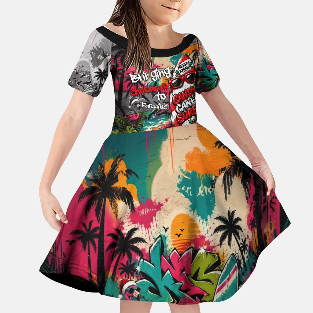 Tropical Christmas In July Candy Cane Surf Family Matching Long Sleeve Bodycon Dress and Hawaiian Shirt Vibrant Street Art Beach Graffiti Graphic TS04 Daughter's Dress Orange Grey - Polynesian Pride