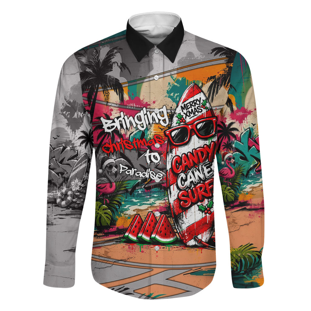 Tropical Christmas In July Candy Cane Surf Family Matching Long Sleeve Bodycon Dress and Hawaiian Shirt Vibrant Street Art Beach Graffiti Graphic TS04 Dad's Shirt - Long Sleeve Orange Grey - Polynesian Pride