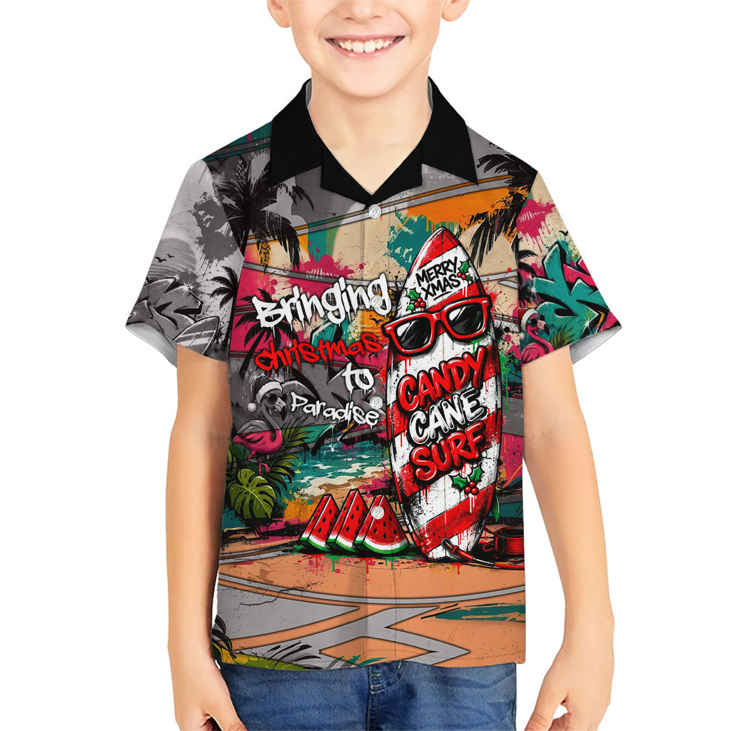 Tropical Christmas In July Candy Cane Surf Family Matching Off Shoulder Short Dress and Hawaiian Shirt Vibrant Street Art Beach Graffiti Graphic TS04 Son's Shirt Orange Grey - Polynesian Pride