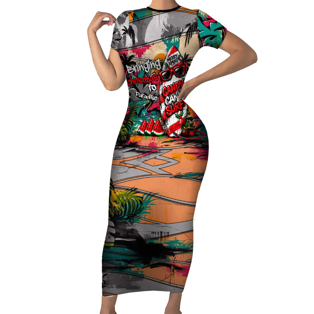 Tropical Christmas In July Candy Cane Surf Family Matching Short Sleeve Bodycon Dress and Hawaiian Shirt Vibrant Street Art Beach Graffiti Graphic TS04 Mom's Dress Orange Grey - Polynesian Pride