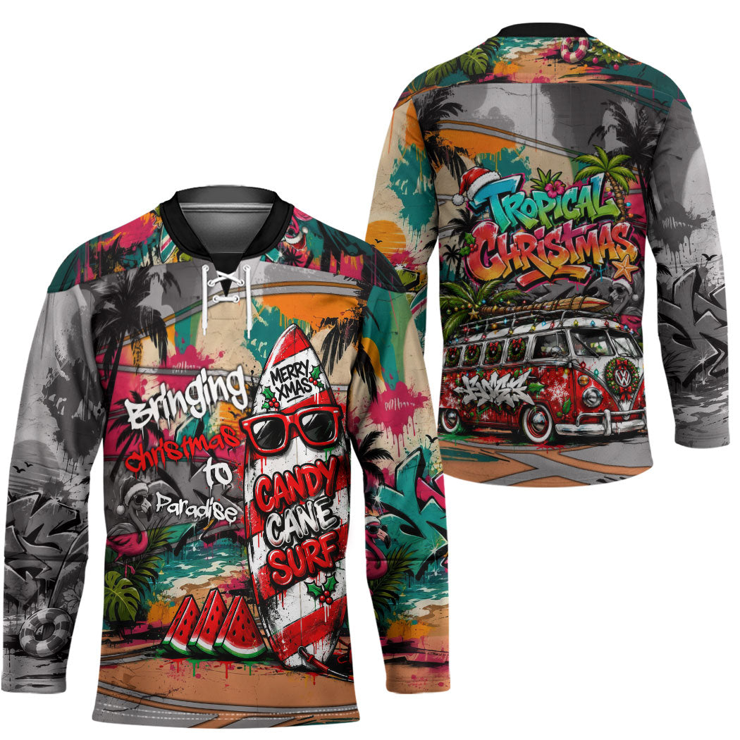 Tropical Christmas In July Candy Cane Surf Hockey Jersey Vibrant Street Art Beach Graffiti Graphic