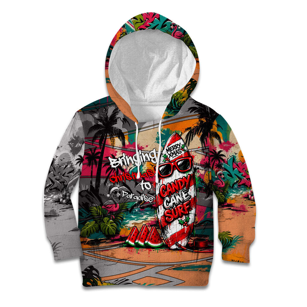Tropical Christmas In July Candy Cane Surf Kid Hoodie Vibrant Street Art Beach Graffiti Graphic