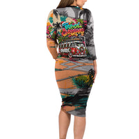 Tropical Christmas In July Candy Cane Surf Long Sleeve Bodycon Dress Vibrant Street Art Beach Graffiti Graphic