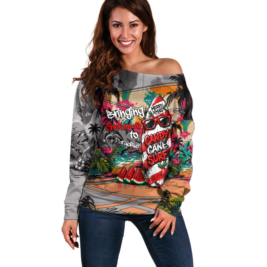 Tropical Christmas In July Candy Cane Surf Off Shoulder Sweater Vibrant Street Art Beach Graffiti Graphic TS04 Women Orange Grey - Polynesian Pride