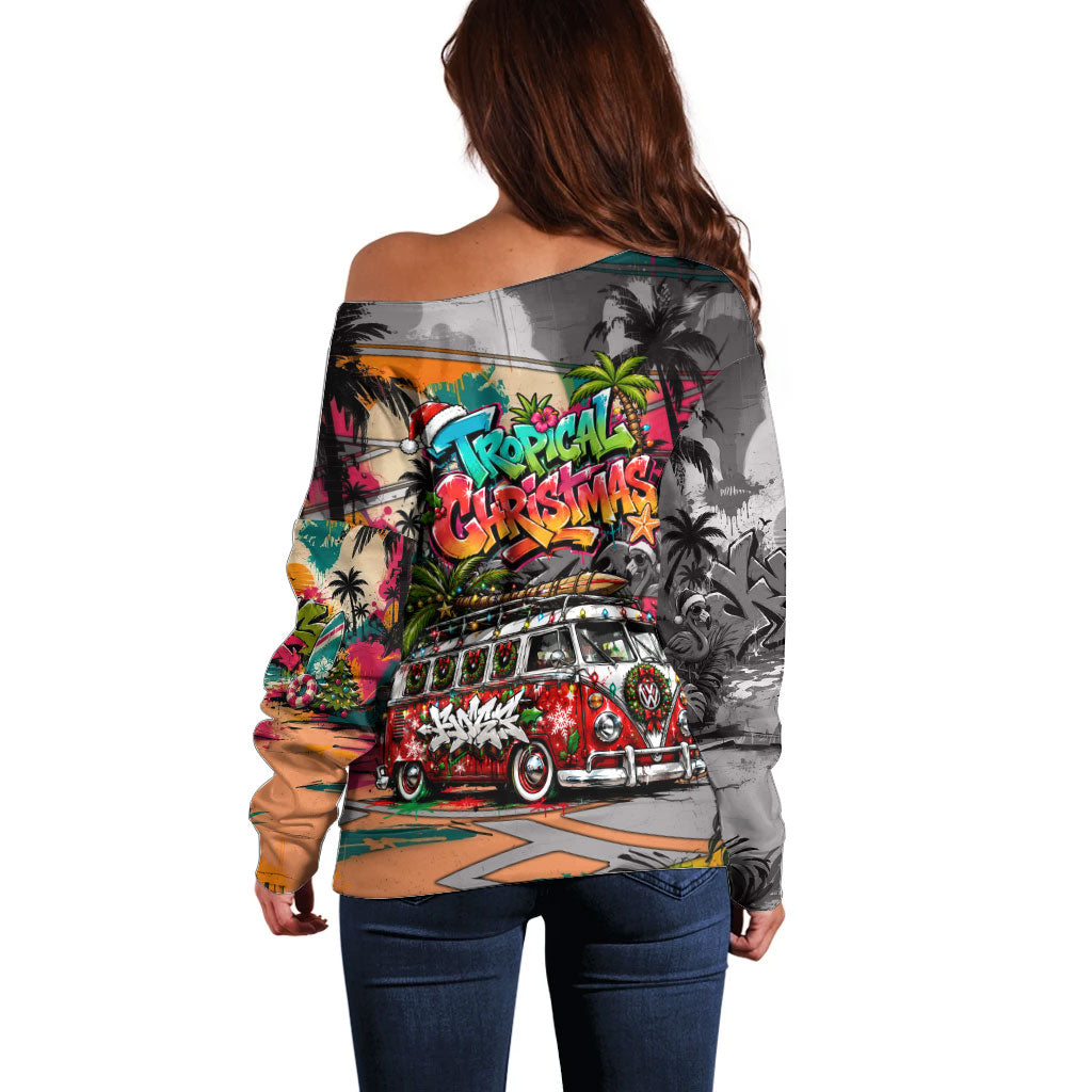 Tropical Christmas In July Candy Cane Surf Off Shoulder Sweater Vibrant Street Art Beach Graffiti Graphic