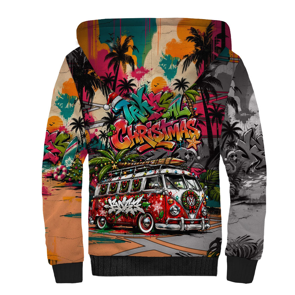 Tropical Christmas In July Candy Cane Surf Sherpa Hoodie Vibrant Street Art Beach Graffiti Graphic