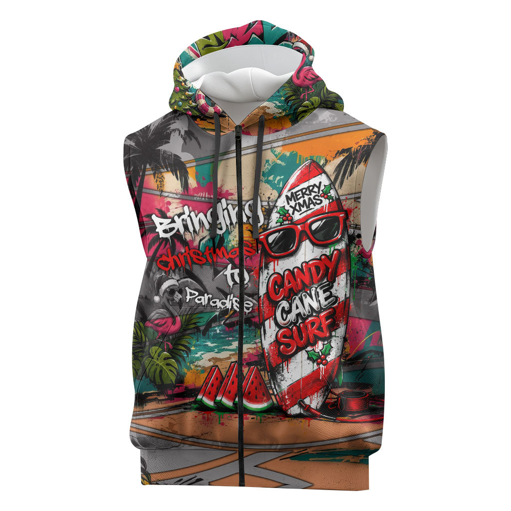 Tropical Christmas In July Candy Cane Surf Sleeveless Zip Hoodie Vibrant Street Art Beach Graffiti Graphic