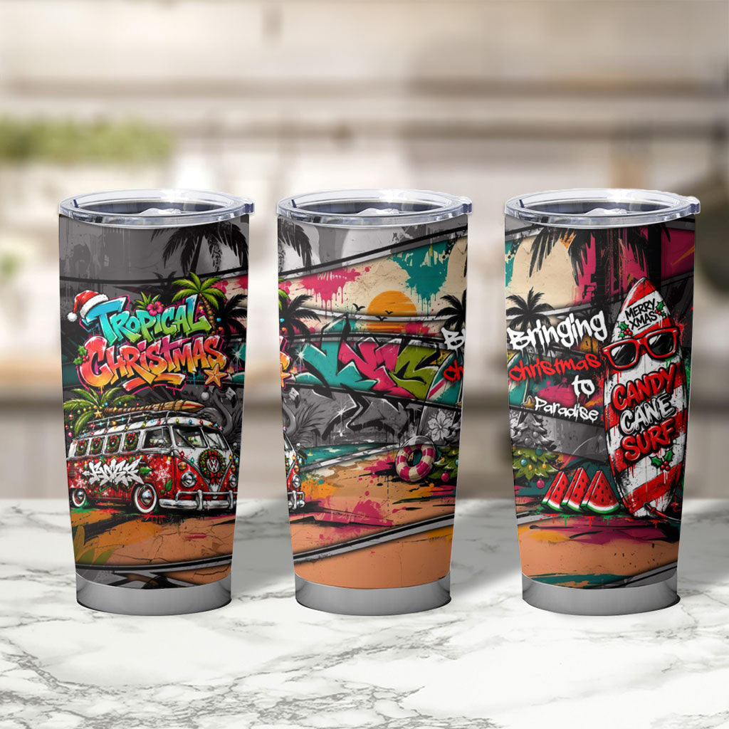 Tropical Christmas In July Candy Cane Surf Tumbler Cup Vibrant Street Art Beach Graffiti Graphic