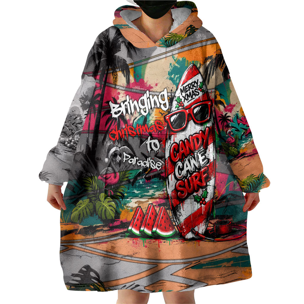 Tropical Christmas In July Candy Cane Surf Wearable Blanket Hoodie Vibrant Street Art Beach Graffiti Graphic