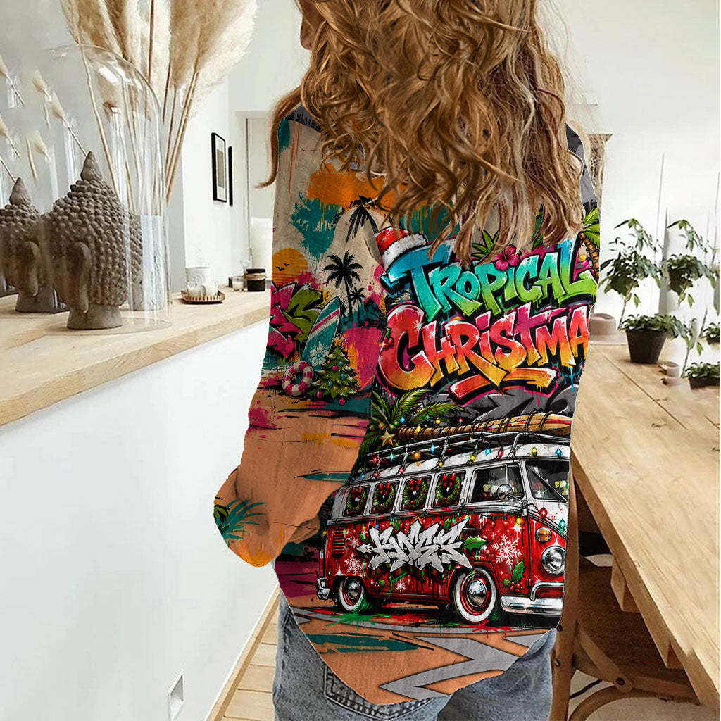 Tropical Christmas In July Candy Cane Surf Women Casual Shirt Vibrant Street Art Beach Graffiti Graphic