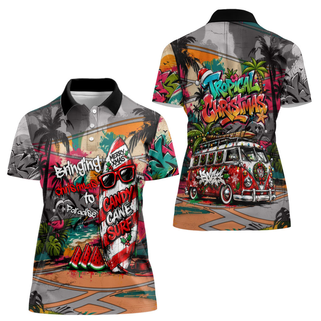 Tropical Christmas In July Candy Cane Surf Women Polo Shirt Vibrant Street Art Beach Graffiti Graphic