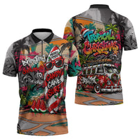 Tropical Christmas In July Candy Cane Surf Zipper Polo Shirt Vibrant Street Art Beach Graffiti Graphic