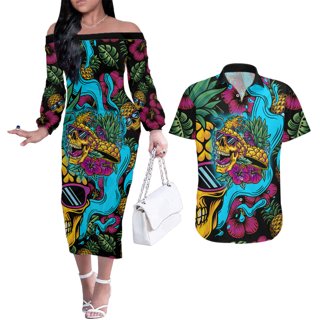 Pineapple Skull Couples Matching Off The Shoulder Long Sleeve Dress and Hawaiian Shirt Sumer Time TS04 - Polynesian Pride