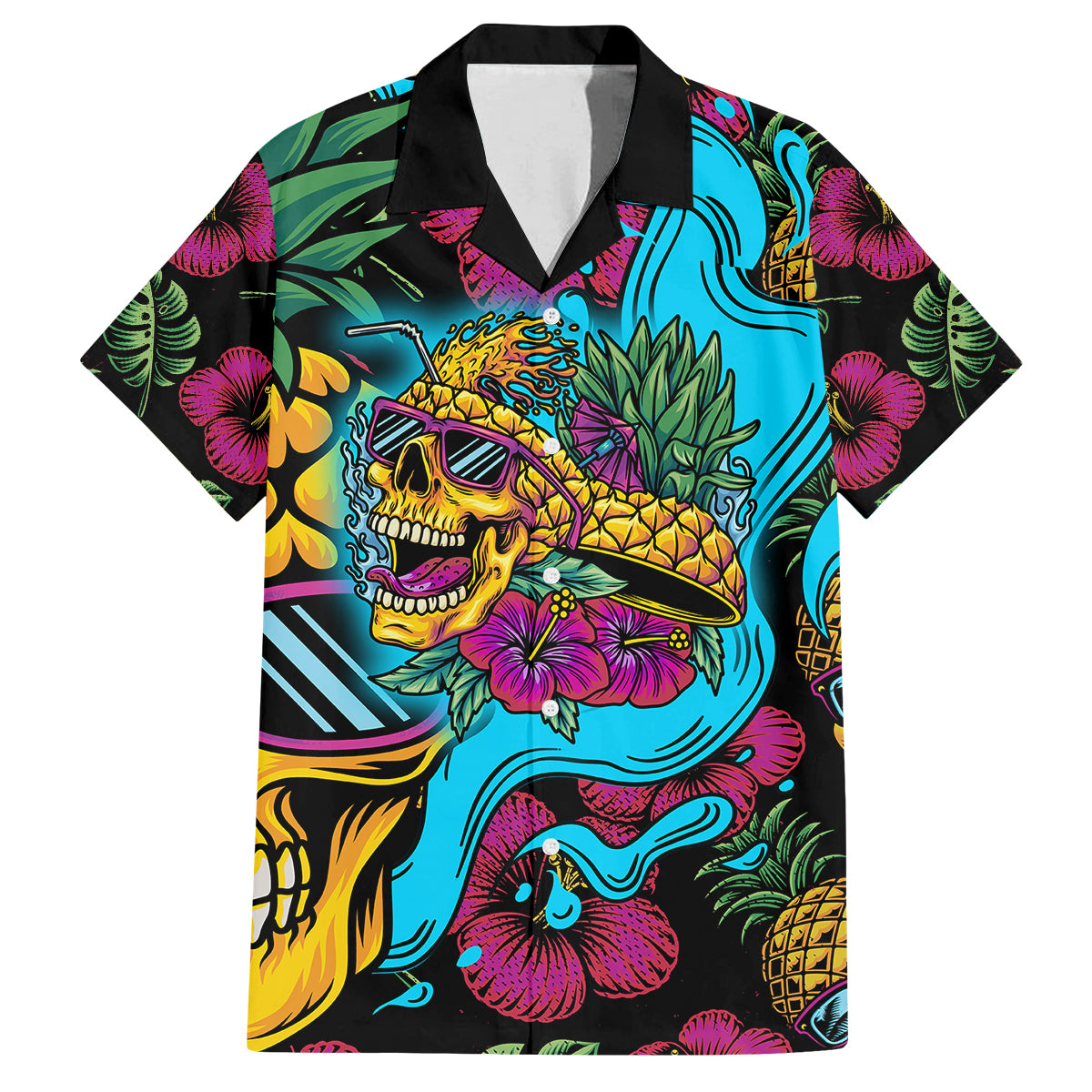 Pineapple Skull Family Matching Off Shoulder Maxi Dress and Hawaiian Shirt Sumer Time TS04 Dad's Shirt - Short Sleeve Multicolor - Polynesian Pride