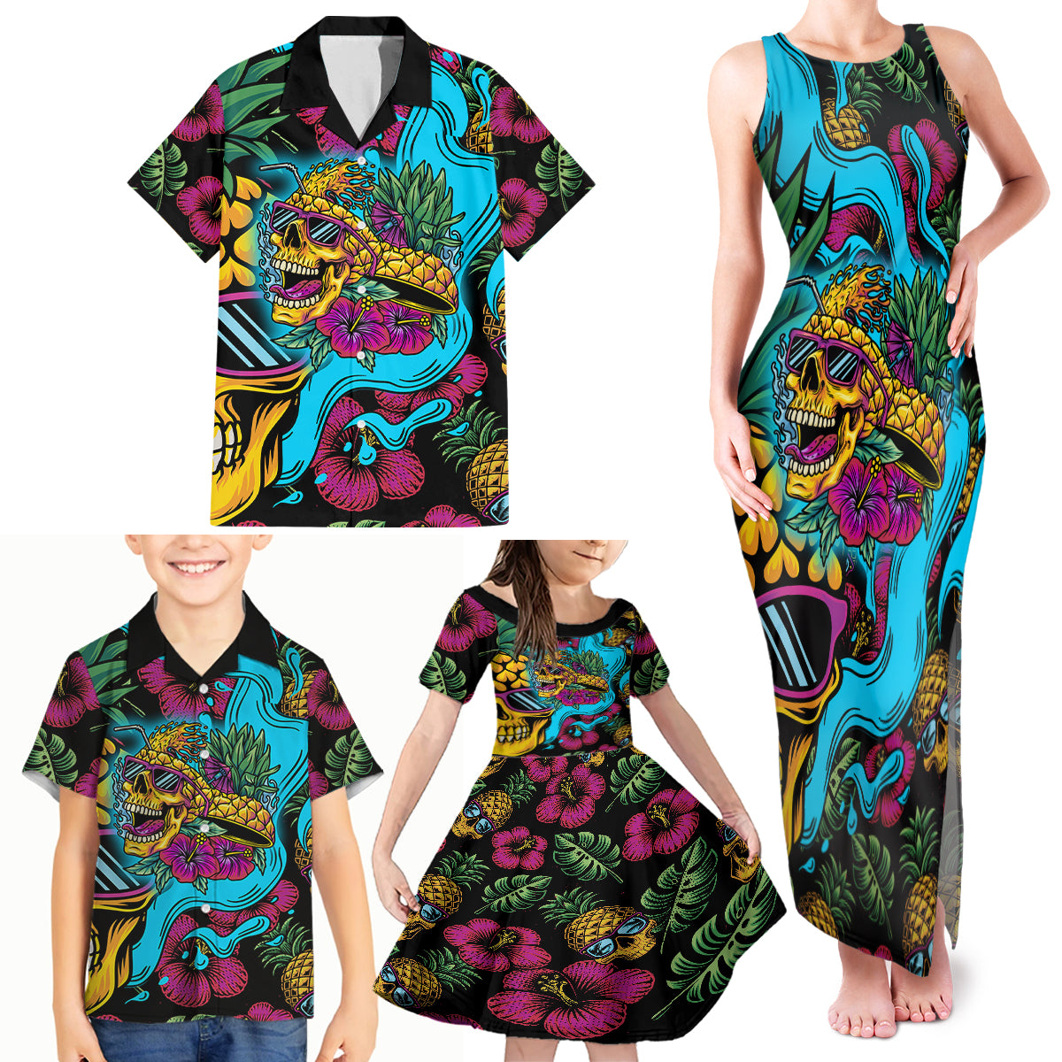Pineapple Skull Family Matching Tank Maxi Dress and Hawaiian Shirt Sumer Time TS04 - Polynesian Pride